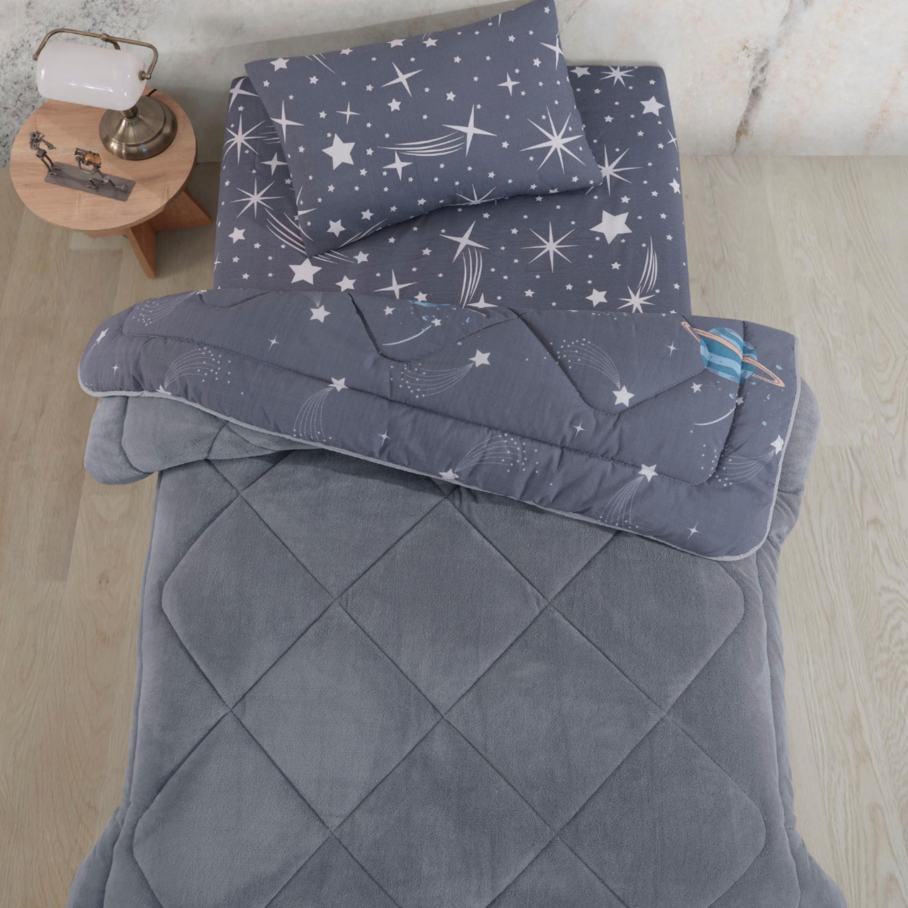 Einzelbett Astronaut gemustert Doppelseitiges Welsoft-Schlafset mit Laken (Bettdecke+Laken+Kopfkissenbezug)