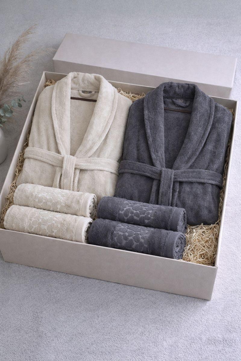 6-teiliges Premium-Bademantel- und Handtuchset aus 80 % Baumwoll-Jacquard - in Geschenkverpackung