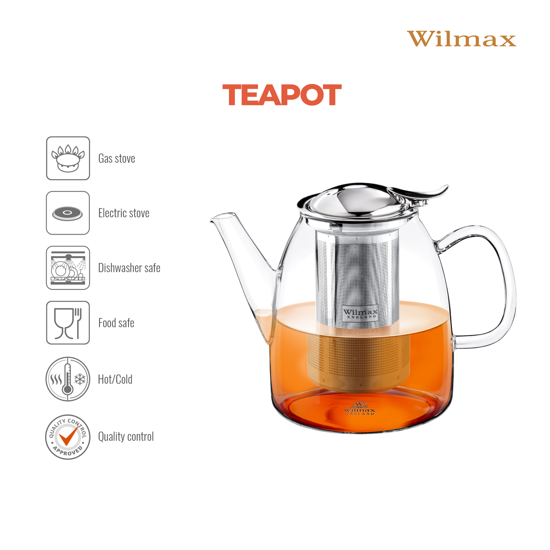 Wilmax Thermoglas Teekanne mit Edelstahl-Teesieb
