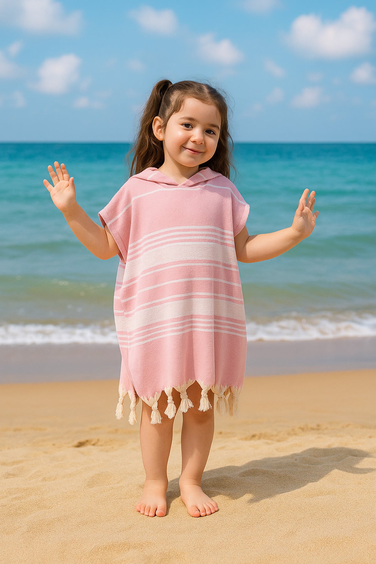 Children's Bathrobe Poncho 100% Cotton Beach Towel Peshtemal Pink