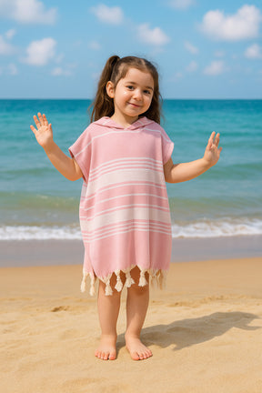 Children's Bathrobe Poncho 100% Cotton Beach Towel Peshtemal Pink