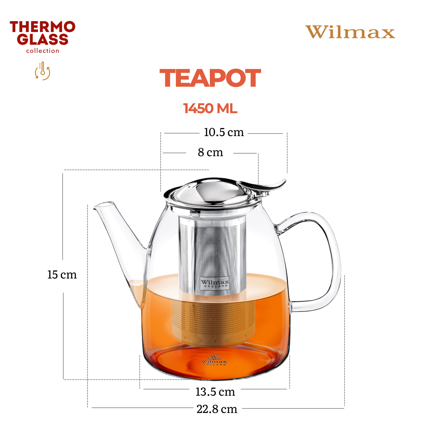 Wilmax Thermoglas Teekanne mit Edelstahl-Teesieb