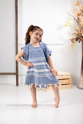 Children's Bathrobe Poncho 100% Cotton Beach Towel Peshtemal Blue