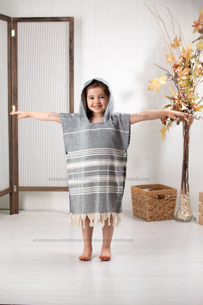 Children's Poncho 100% Cotton Beach Towel Peshtemal Gray