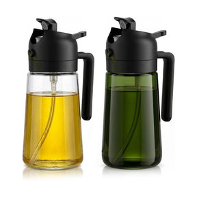 Erkugo Ölsprüher 2 in 1, 470 ml - Ölspender aus Glas, Transparent, Schwarz - Sprühflasche für Küche und Grill