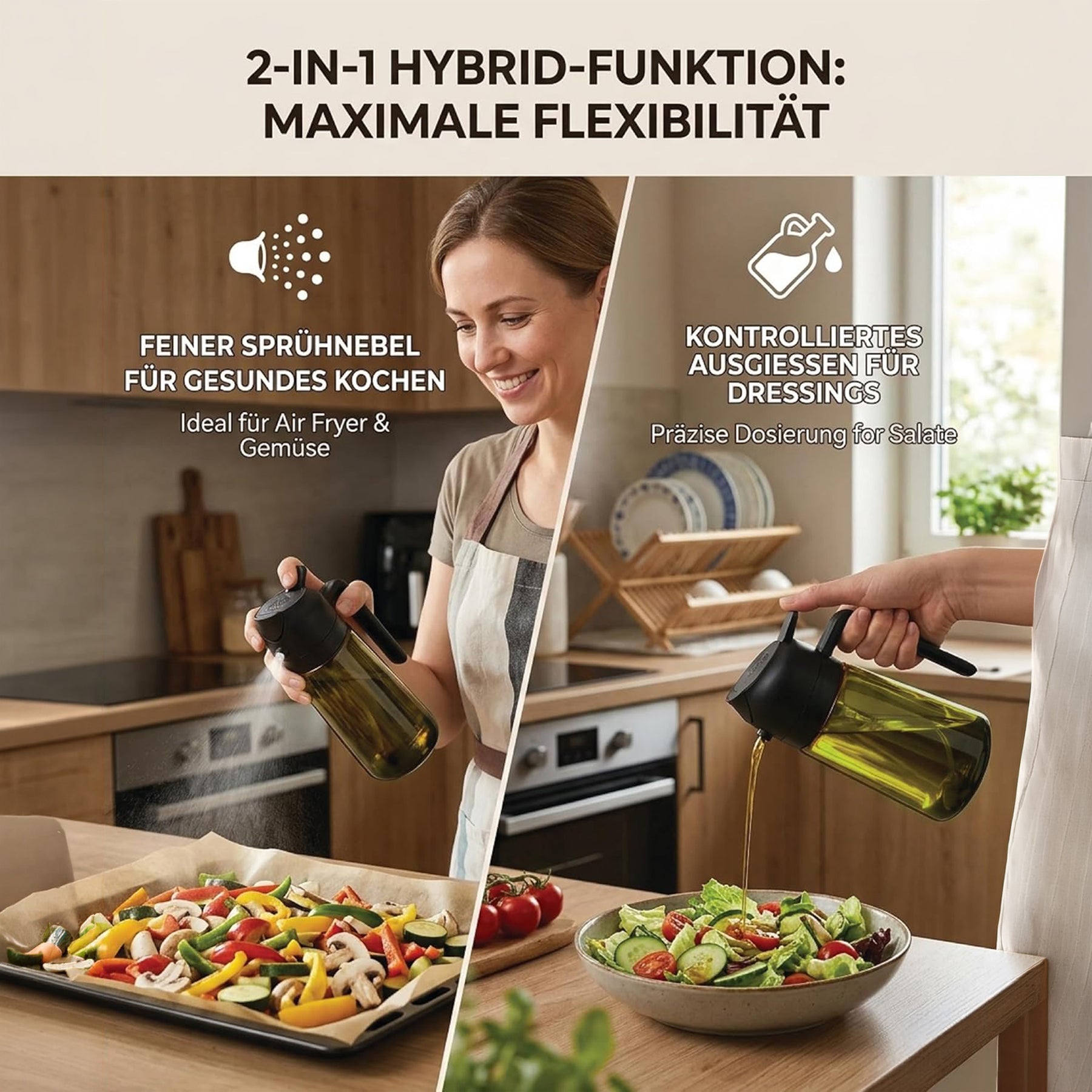 Erkugo Ölsprüher 2 in 1, 470 ml - Ölspender aus Glas, Transparent, Schwarz - Sprühflasche für Küche und Grill