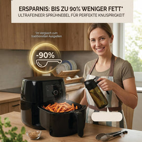 Erkugo Ölsprüher 2 in 1, 470 ml - Ölspender aus Glas, Transparent, Schwarz - Sprühflasche für Küche und Grill