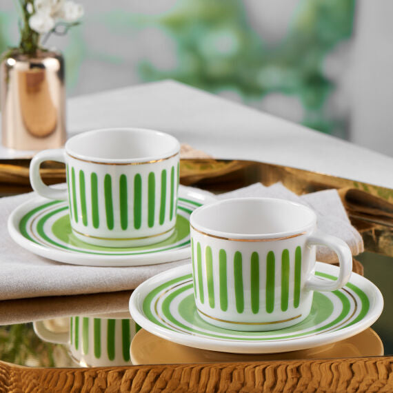 GÜRAL Mental Kaffee-Set, 4-tlg, Porzellan, Weiß mit grünem Dekor, 90ml