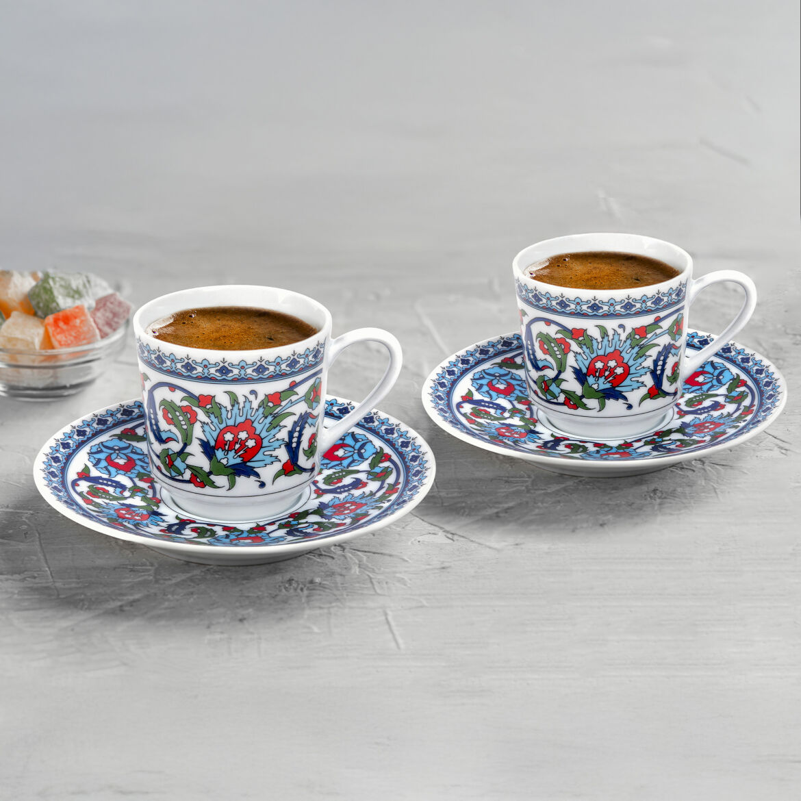 GÜRAL Gözde Double Kaffee-Set, 4-tlg, Porzellan, Weiß mit traditionellem Muster, 120 ml