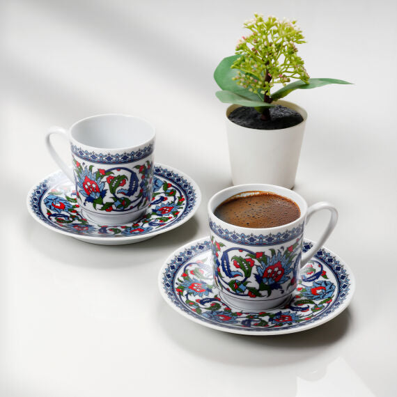 GÜRAL Gözde Double Kaffee-Set, 4-tlg, Porzellan, Weiß mit traditionellem Muster, 120 ml
