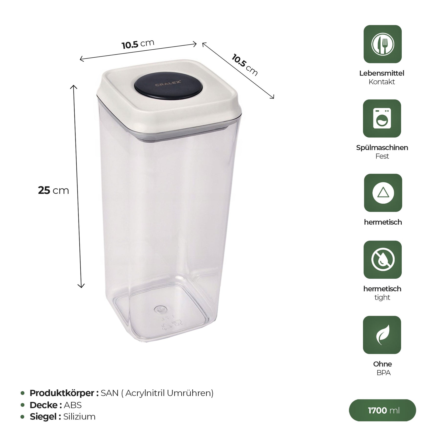 CRALEX Nesta quadratische Lebensmittelbehälter, (900 ml / 1,2 l / 1,7 l)