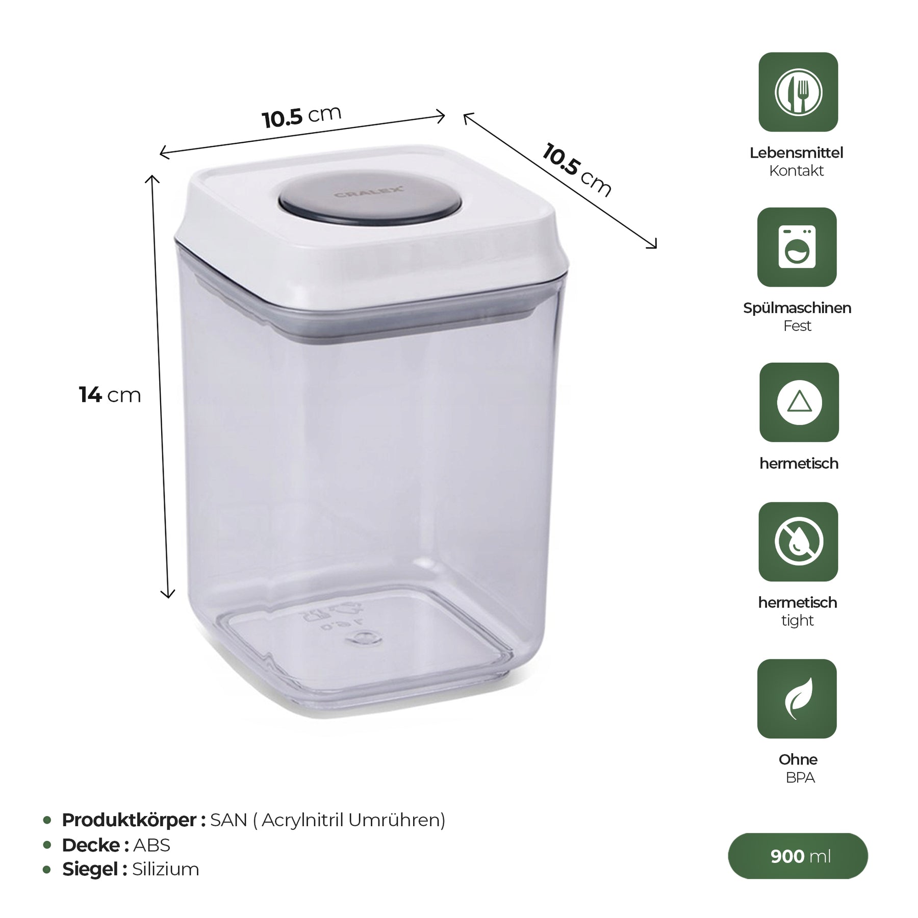 CRALEX Nesta quadratische Lebensmittelbehälter, (900 ml / 1,2 l / 1,7 l)