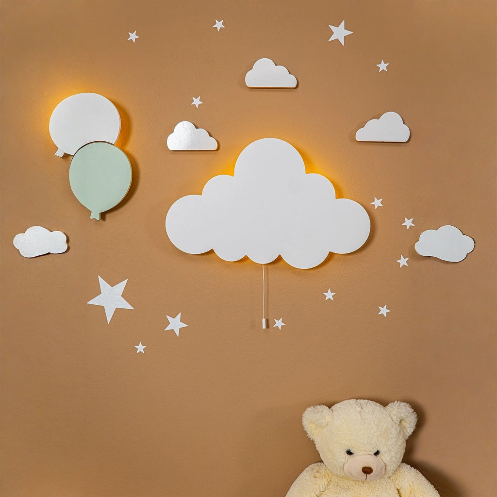 Cozy Collection LED-Wandnachtlicht Ballons & Wolke aus Massivholz – handbemalt, Pastell (Blau/Grün/Weiß),Set-Optionen