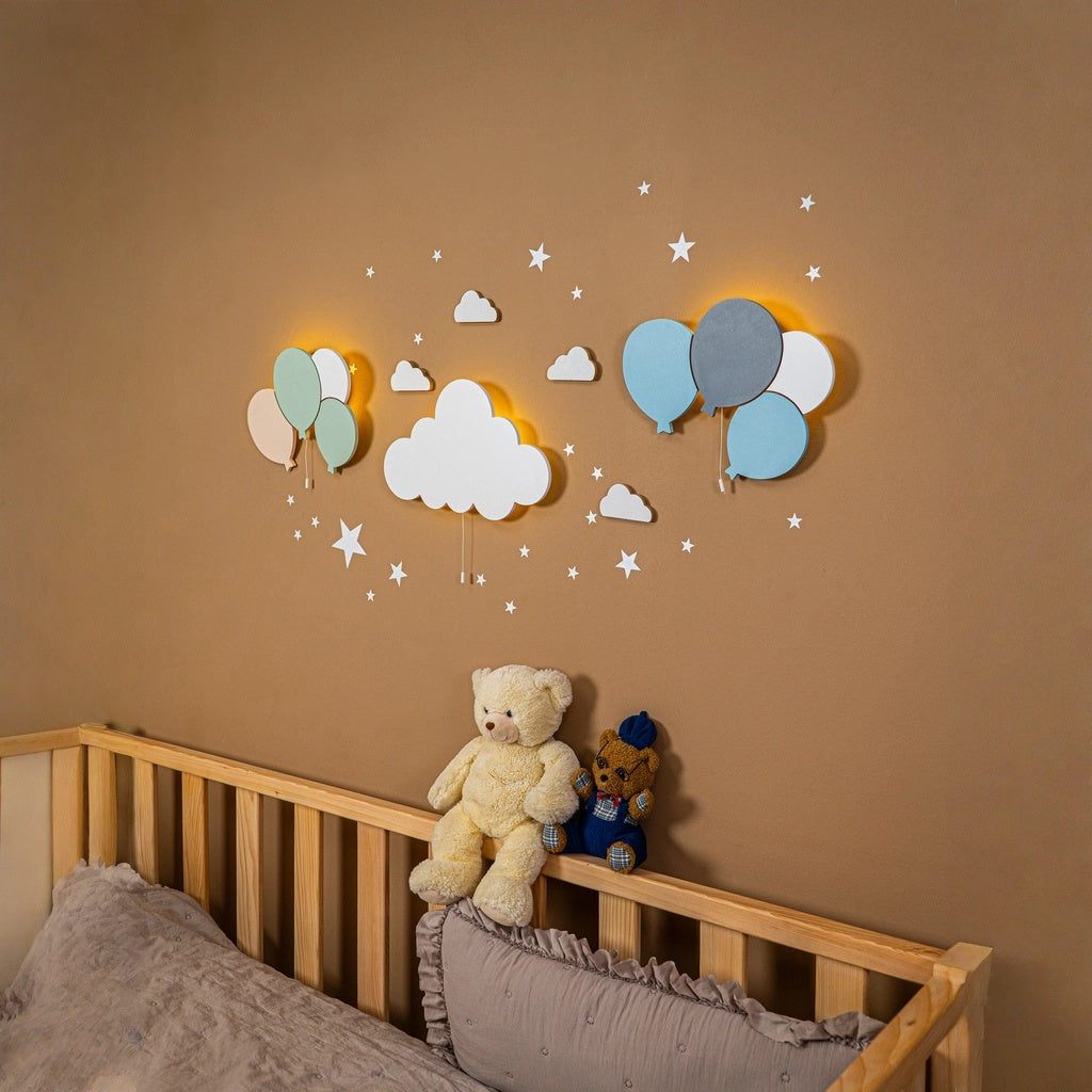 Cozy Collection LED-Wandnachtlicht Ballons & Wolke aus Massivholz – handbemalt, Pastell (Blau/Grün/Weiß),Set-Optionen