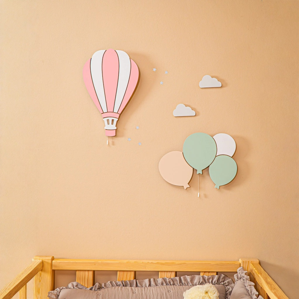 Cozy Collection LED-Wandnachtlicht Ballons & Wolke aus Massivholz – handbemalt, Pastell (Blau/Grün/Weiß),Set-Optionen