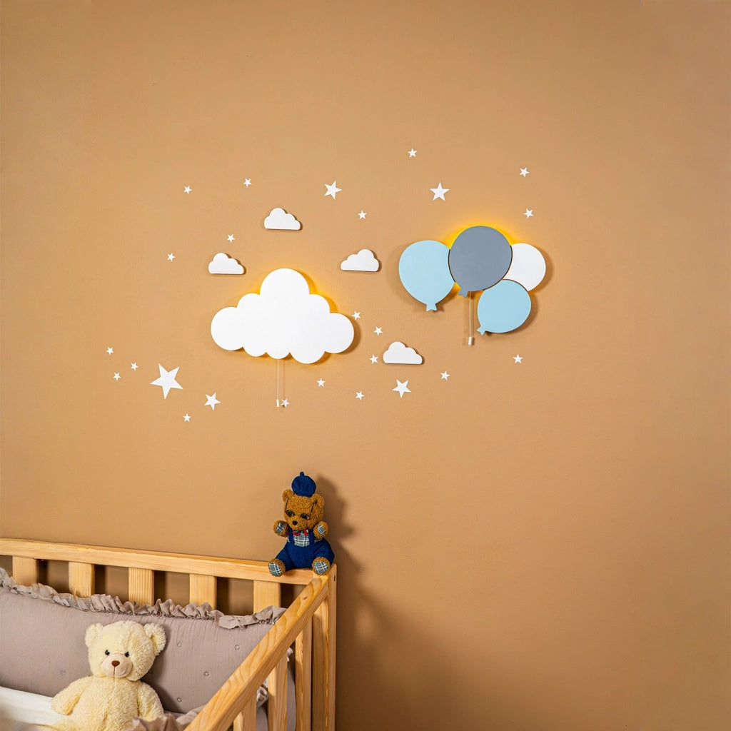 Cozy Collection LED-Wandnachtlicht Ballons & Wolke aus Massivholz – handbemalt, Pastell (Blau/Grün/Weiß),Set-Optionen