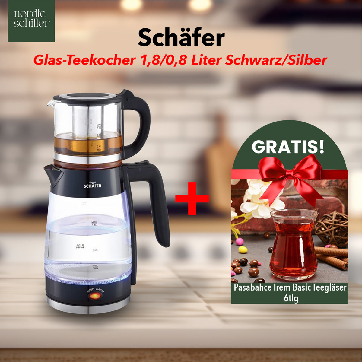 Schäfer Teekocher 1,8/0,8 Liter + Pasabahce Teegläser 6tlg Set
