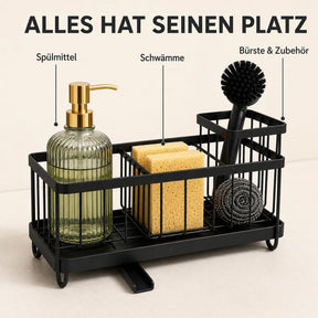 Erkugo Spülbecken Organizer aus Edelstahl - Selbstentleerender Schwammhalter mit Bürsten- und Geschirrtuchhalter