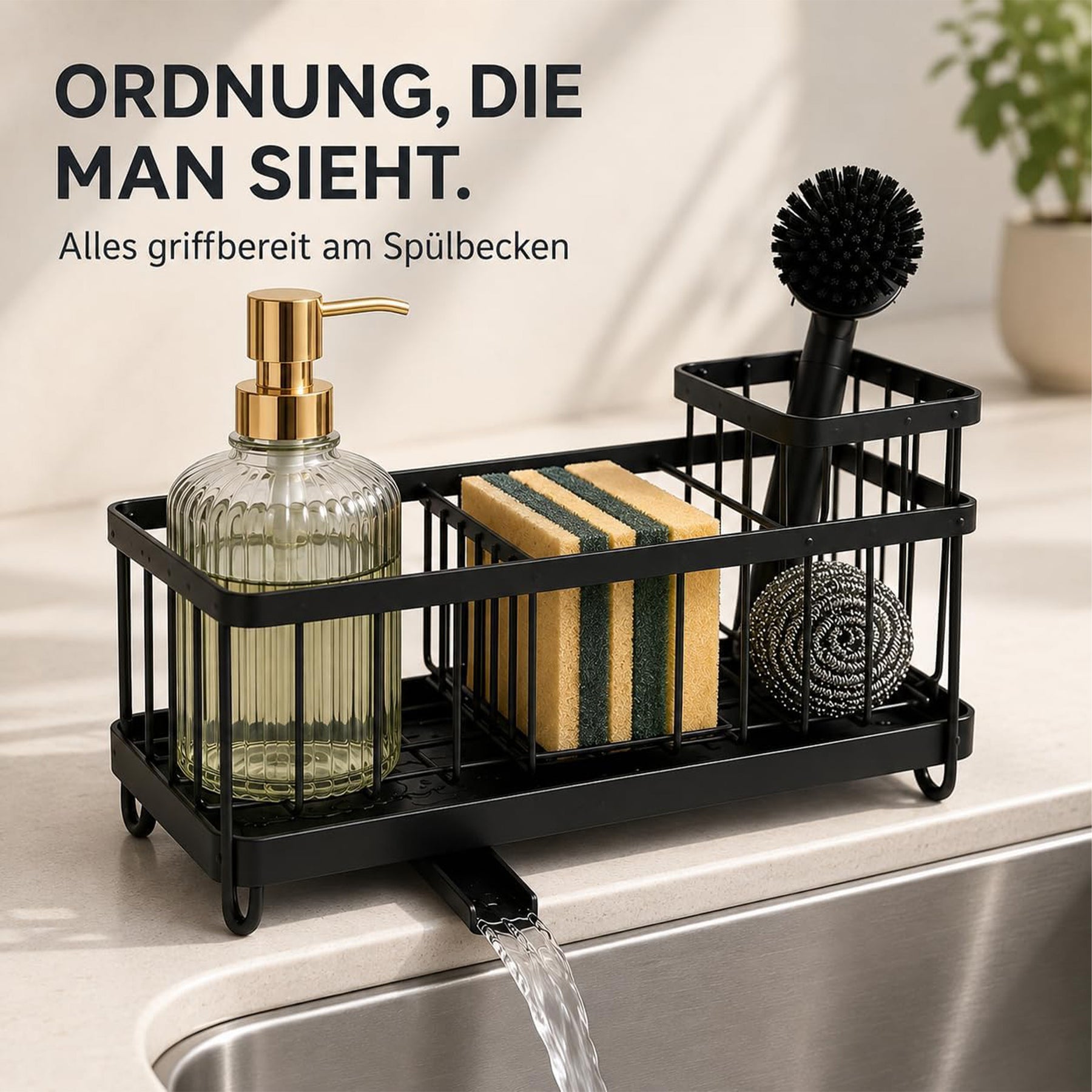 Erkugo Spülbecken Organizer aus Edelstahl - Selbstentleerender Schwammhalter mit Bürsten- und Geschirrtuchhalter