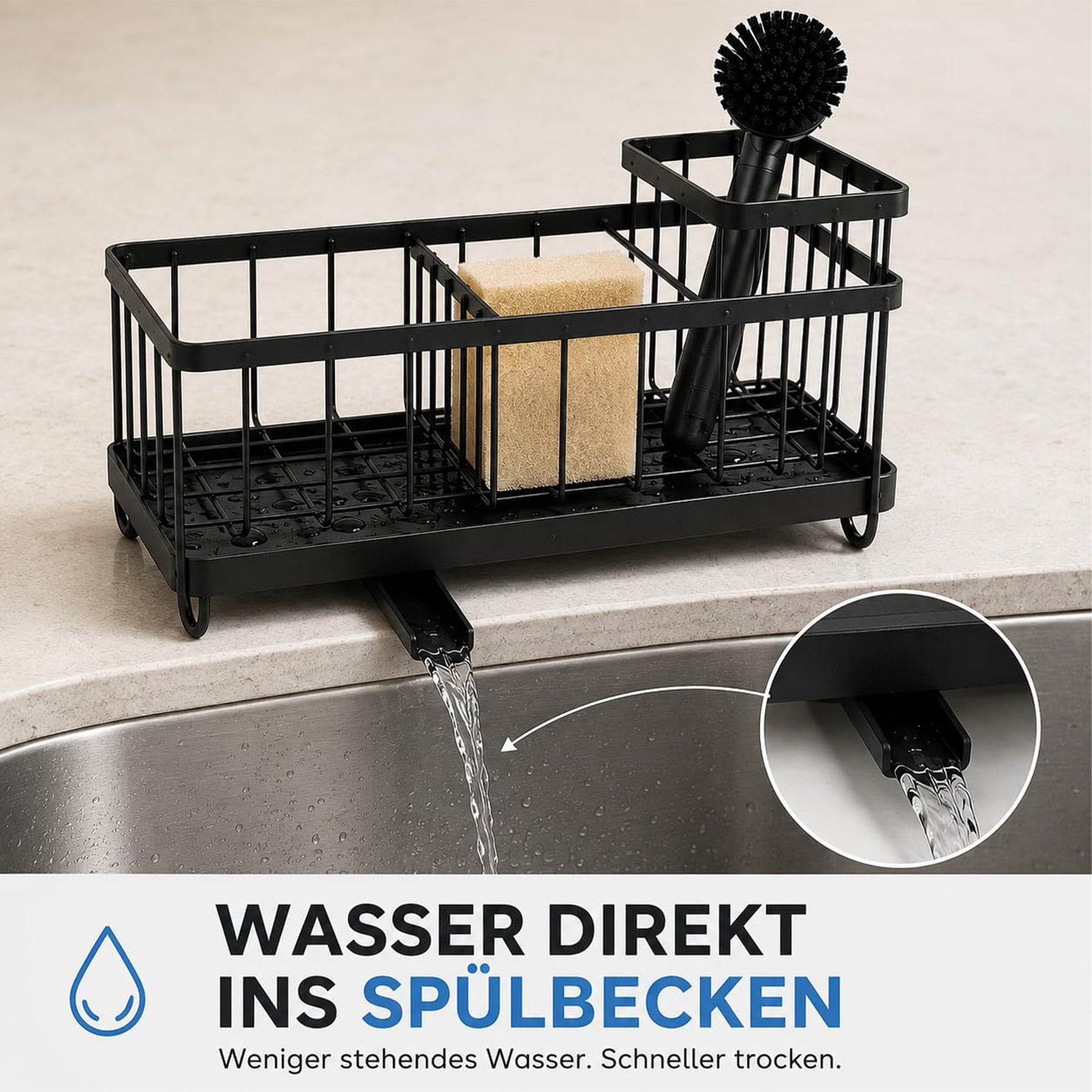 Erkugo Spülbecken Organizer aus Edelstahl - Selbstentleerender Schwammhalter mit Bürsten- und Geschirrtuchhalter