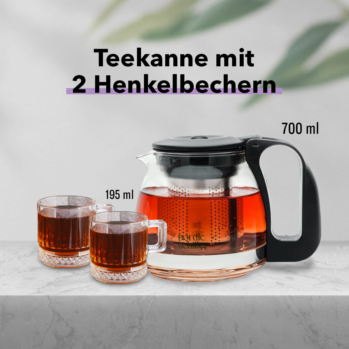 Nordic Schiller Tee-Set: 700 ml Teekanne & 2 Kristall-Design Henkelbecher 195 ml