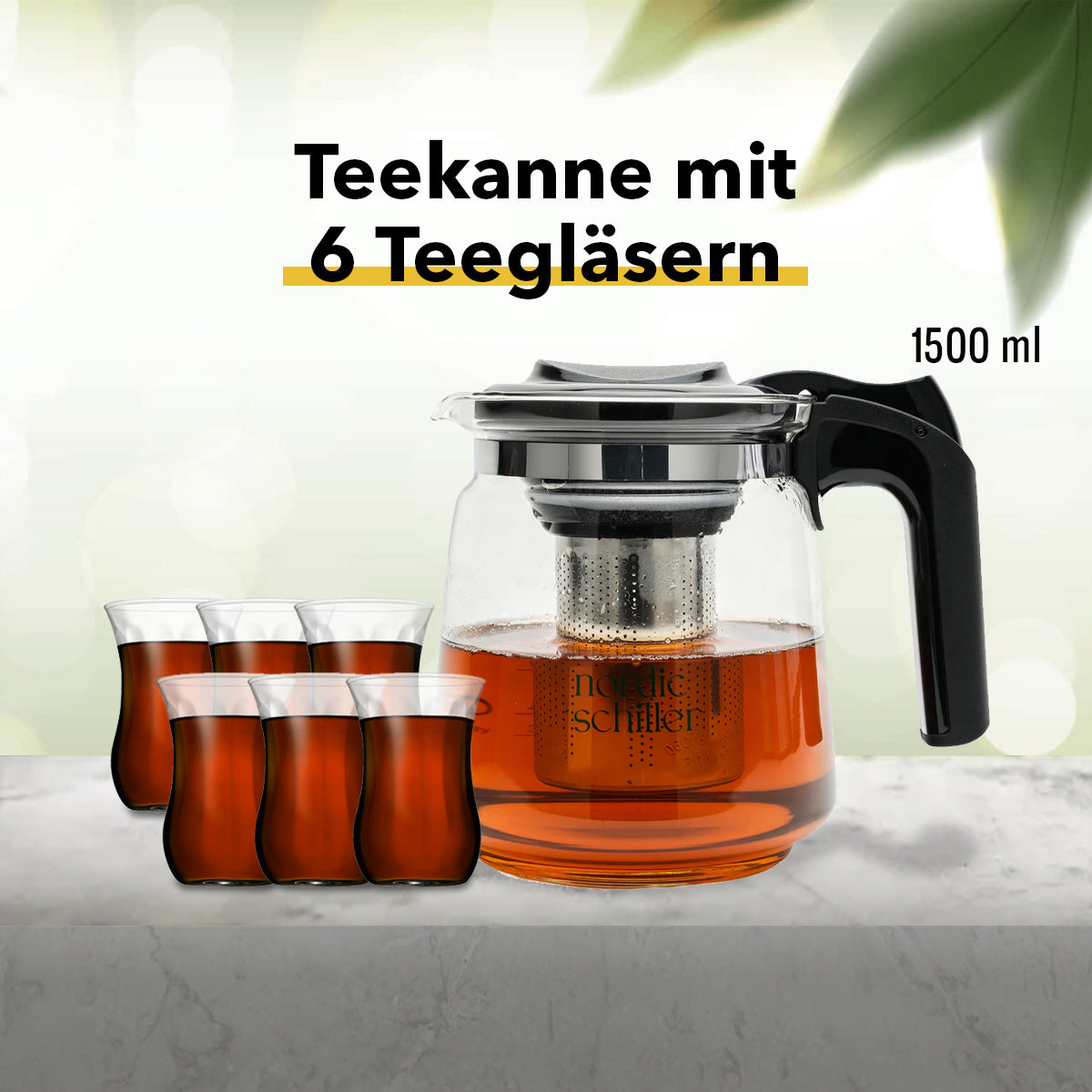 Elegantes Teekannen-Set 1500 ml mit 6 stilvollen Teegläsern