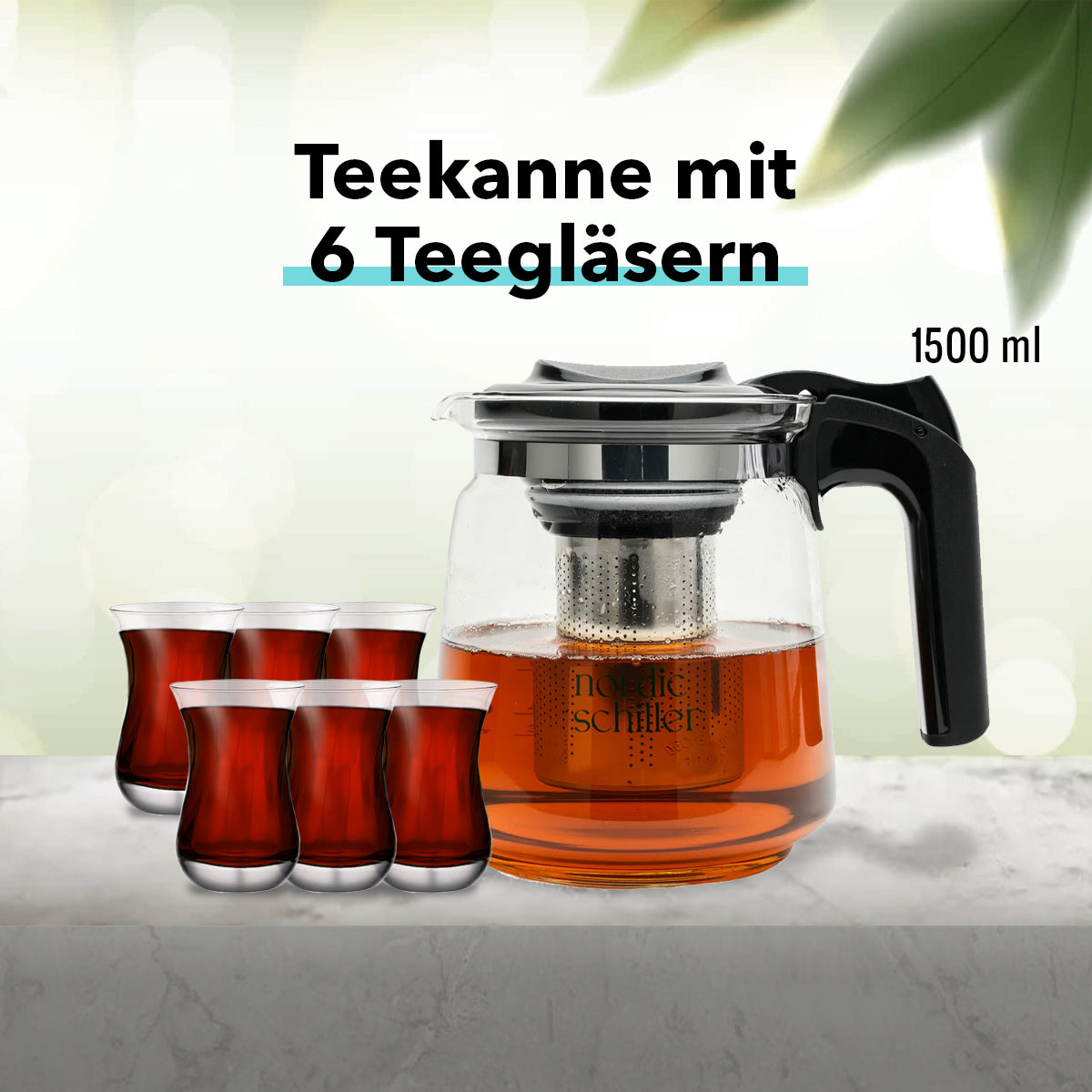 Hochwertiges Teekannen-Set: 1500 ml Teekanne und 6 stilvolle Teegläser