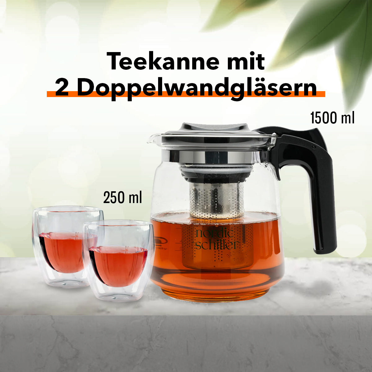 Nordic Schiller Tee-Set: 1500 ml Teekanne & 2 Doppelwandige Gläser 250 ml