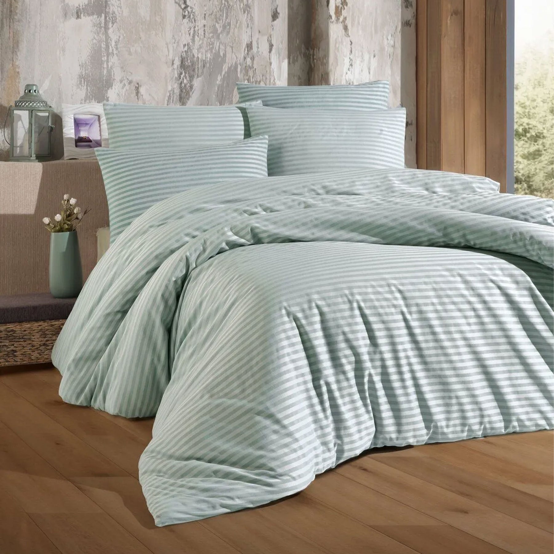 Nordic Schiller Einzelbettbezug-Set mit gestreiften elastischen Laken - 160x220 cm, Knitterresistent